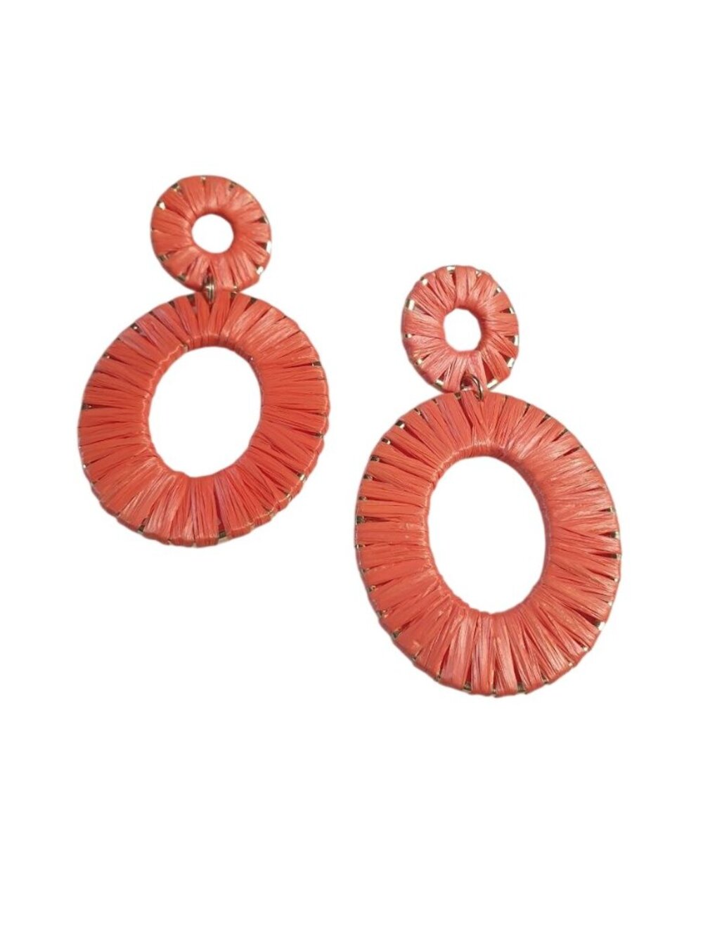 Orange Woven Straw Drop Dangle Earrings Lightweight Accessory Gold Trim Pierced